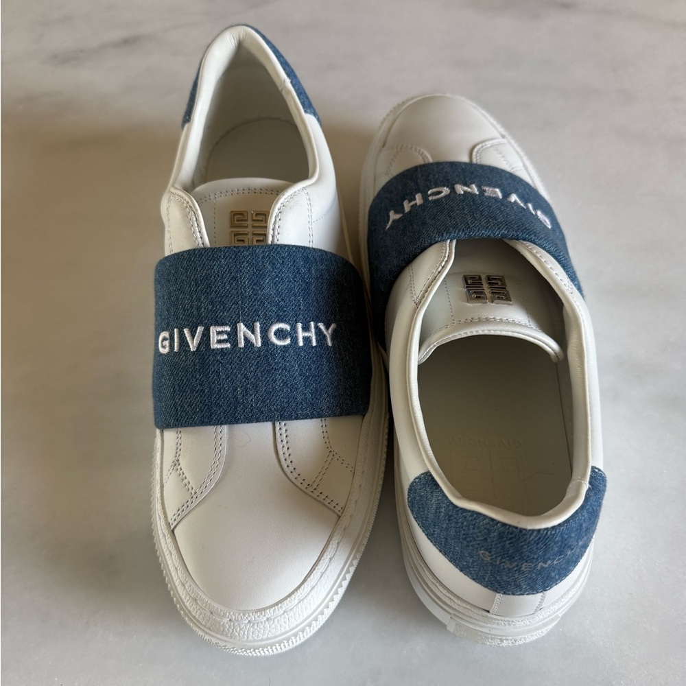 Givenchy White and Blue Denim Slip-On Sneakers